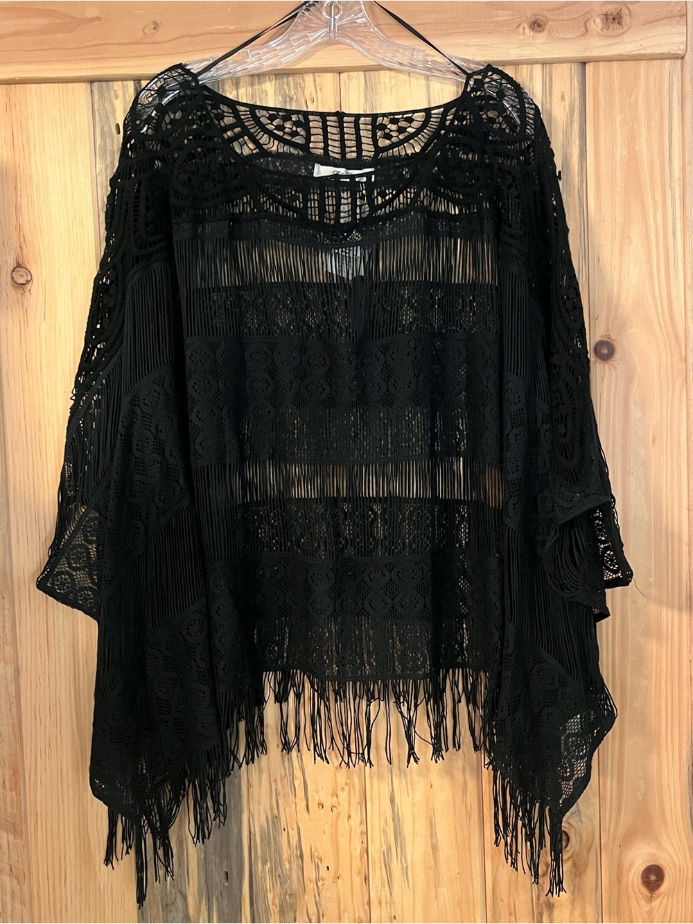 Black Crochet Lace Poncho Top Boat Neck Fringe Hem Cover Up Size Small NWT